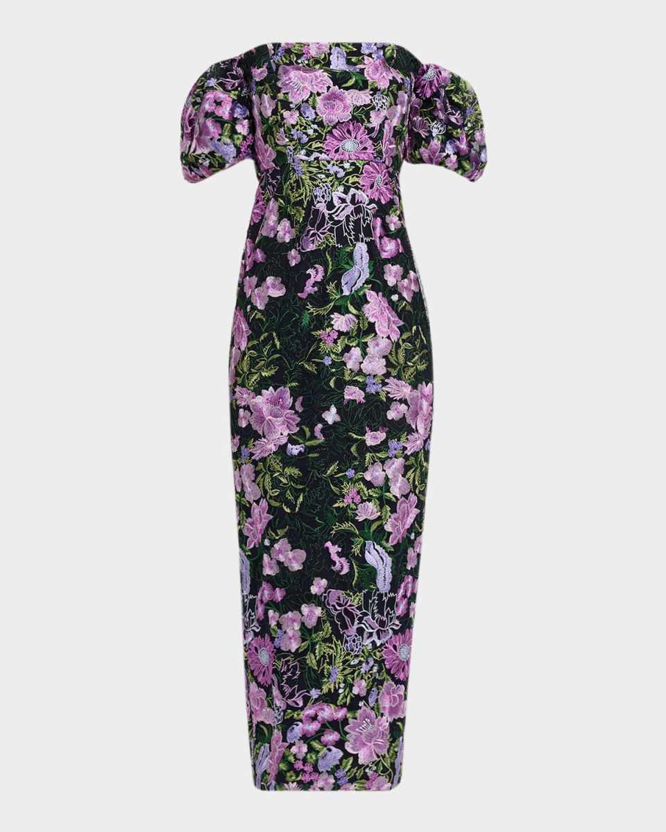 Nene Floral-Embroidered Column Gown